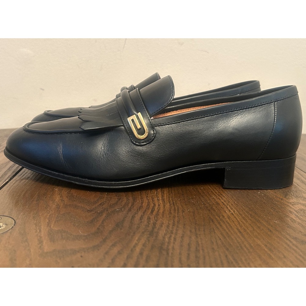 GUCCI 714680 Mirrored G Gold Kiltie Loafers Black Leather Men's 7.5